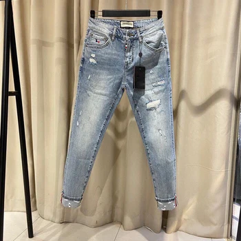 Fashion Luxury Brand TB Jeans Men Spring Autumn Jeans Hole Casual Straight Regular Stretch Denim Trousers Striped Men's Jeans