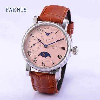 Fashion Parnis 43mm розов циферблат ръчен мъжки часовник кожена каишка механична ръка вятър GMT ръчни часовници за мъже reloj hombre 2023