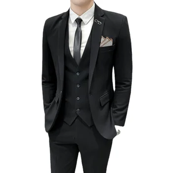 Fashion Simple Business Formal Dress Suit Мъжко облекло Черно / Тъмно сиво / Каки 2023 Нови сватбени костюми в чист цвят 3 броя 4XL-S