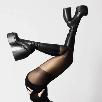 FEMALEAN Буци платформа Goth Bratz ботуши черни дебели токчета еластични коляното високи жени пънк стил есен зима марка дизайнер