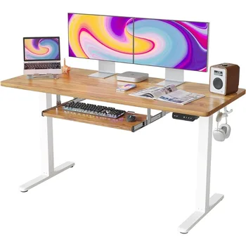FEZIBO 55-инчово електрическо стоящо бюро с голяма регулируема височина с тава за клавиатура, 55 x 24 инча Sit Stand Up Desk Furniture