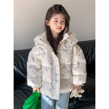 Flower And Search Girl's New Winter Clothes Fresh Floral Hooded White Duck Down Warm Coat Fashion