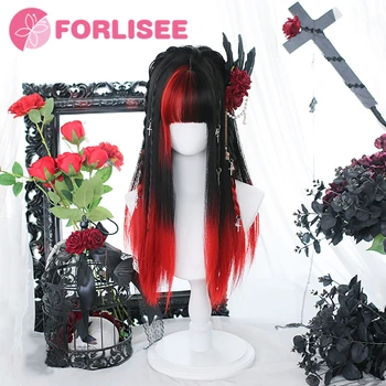 FORLISEE 23 инча дълга права коса синтетична перука за жени черни акценти червен косплей Лолита перука топлоустойчив