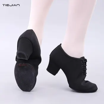Four Seasons Латино танцови обувки за жени Меки подметки Lace-Up Black 5cm високи токчета Salsa Jazz Dance Shoes
