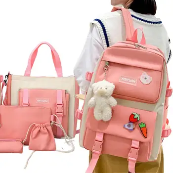 Girls Backpack Set For School 5 броя ученическа раница комбо с раница молив чанта малка чанта за съхранение чанта малка Crossbody