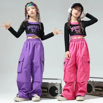 Girls Hip Hop Faux Two Piece Colorful Crop Sweatshirt Street Dance Cargo Pants Child Streetwear Kids Jazz Costumes Clothes Sets