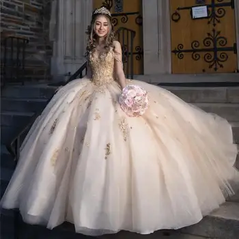 Glitter шампанско Quinceanera рокля 2024 мексикански дантела флорални сладки 15 рокля пайети вестидос пара xv рожден ден парти плюс размер