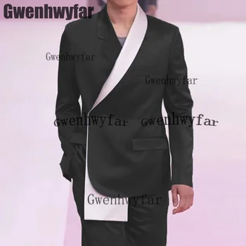 Gwenhwyfar Висококачествен нов дизайн Мъжки костюм 2 бр. Сатенени блейзър комплекти Сватбени костюми за младоженци trajede boda (Blazer + Pants)