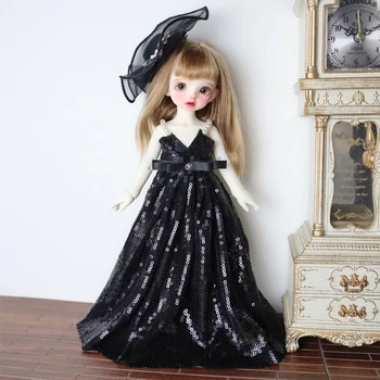 H02-020 детска ръчно изработена играчка BJD/SD дрехи за кукли 1/6 30см Черна лъскава бар рокля с лента за коса 2бр/комплект