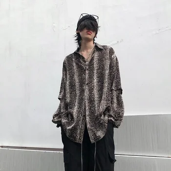 Harajuku реколта леопард риза мъже дамски дизайн завеса хлабав разглобяем фалшив две ризи с дълги ръкави пънк готик хип-хоп блуза