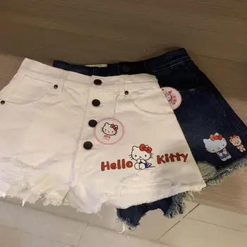 Hello Kitty Jeans 4-парче закопчани дънки с висока талия с дупки и сурови ръбове, сладки пикантни ежедневни горещи жени панталони подарък за рожден ден