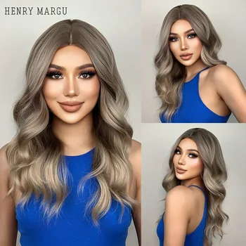 HENRY MARGU Ombre Кафяви вълнообразни синтетични перуки естествени дълги вълнообразни перуки средна част фалшива коса за жени Daily Cosplay висока температура