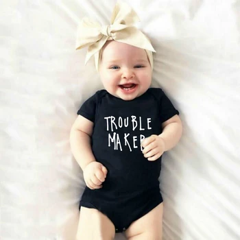 Hipster Trouble Maker печат бебе лято къси ръкави гащеризон близнаци бебе бодита малко дете Onesie случайни върхове