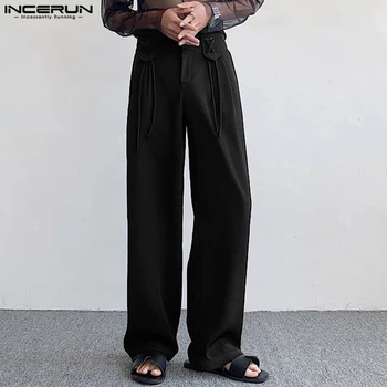 INCERUN 2023 корейски стил мъже висока талия хлабав шнур дълги панталони случайни streetwear кръст дизайн прав крак Pantalons S-5XL
