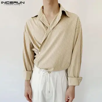 INCERUN Върхове 2023 Корейски стил красиви мъже стилен раирани ризи с дълъг ръкав Ежедневни улични облекла Горещи продажба ревера блуза S-5XL