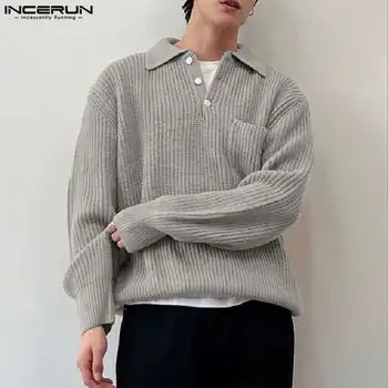 INCERUN върхове 2023 корейски стил красив мъжки плетени яма ивица пуловер случайни прости мъжки твърди всички мач ревера пуловер S-5XL