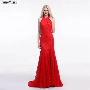JaneVini 2019 Реколта дантела русалка дълго шаферка рокли оглавник без гръб почистване влак жени червени арабски абитуриентски рокли официално облекло