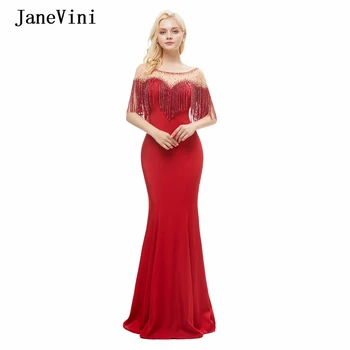 JaneVini 2020 Луксозни вечерни рокли на червени русалки лъжичка врата тежки мъниста дълги пискюл без ръкави сатен арабски секси вечерни рокли