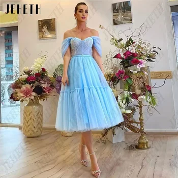 JEHETH модерна вечерна рокля от рамото скъпа синя абитуриентски рокли тюл A-Line чай дължина апликация فساتين سهره فاخره 2023