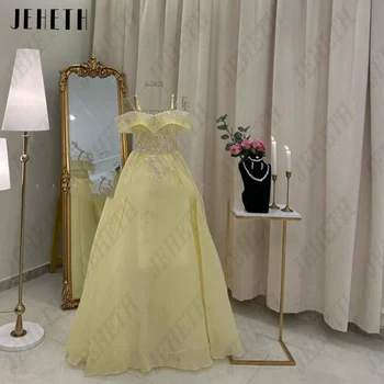 JEHETH Модерни жълти вечерни рокли от рамото V-образно деколте абитуриентска рокля Изящна A-Line дължина на пода elegantes para mujer 2023