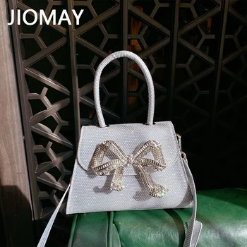 JIOMAY PU кожа дизайнер луксозни чанти 2023 жени Bling сребро пълни кристали вечер съединител чанти Дамски лък чанти клапа чанта