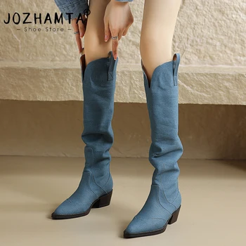 JOZHAMTA Размер 34-39 Западни каубойски ботуши за жени дънки сини дебели токчета зимни обувки Жени 2023 Нова заострена каубойка коляно обувка