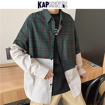 KAPMENTS Мъжки карирани зимни ризи с дълъг ръкав 2023 Мъжки реколта корейска модна риза Мъж Случайни извънгабаритни улично облекло жилетка 5XL
