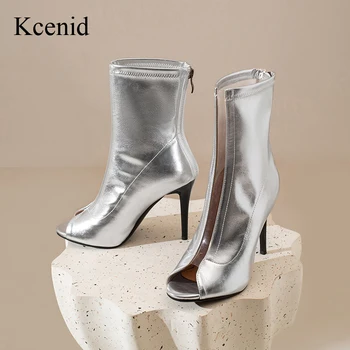 Kcenid плюс размер мода глезена ботуши за жени Stiletto високи токчета лято секси жени лачена кожа Peep Toe дизайн танцови обувки