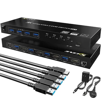 KCEVE 4 порт поддръжка USB 3.0 KVM превключвател USB хъб HDR EDID HDMI USB превключвател 4 в 1 изход и 4 USB 3.0 порт за клавиатура мишка печат