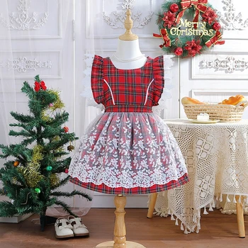 Kid Girl Коледа карирана печат рокля летящ ръкав бродерия тюл пачуърк A-Line рокля