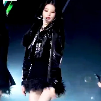 Kpop Корейски певец Концерт Мода Черно кожено яке Кратко тънко палто Хип-хоп облекло Джаз танцов костюм Сценично облекло