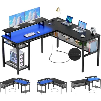 L оформено компютърно бюро с магически електрически контакти и интелигентна LED светлина обратимо 55-инчово ъглово офис бюро с мониторна стойка