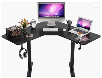 L форма електрически регулируема височина стоящо бюро седнете изправи дома офис компютър игрална маса дълго голям черен