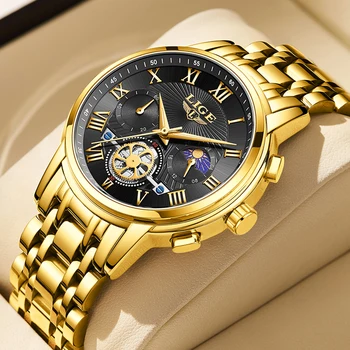 LIGE Златен часовник за мъже Топ марка Луксозни мъжки часовници Мода Спорт Водоустойчив кварцов хронограф Ръчни часовници Relogios Masculino