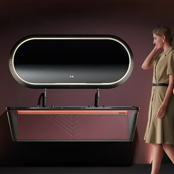 Light Luxury Modern Custom Bathroom Cabinet Furniture Баня суети с двойни мивки и Smart LED огледало