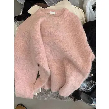 Limiguyue розов хлабав мохер мека вълна сгъстяване пуловер жени есен зима O-образно деколте топло плета пуловер кашмир основни трикотаж E299