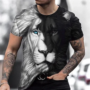 Lion Fighting Animal Beast Fierce Lion Print 3D T Shirt New Summer Men's Oversized Short Sleeve Black and White Design Polyester