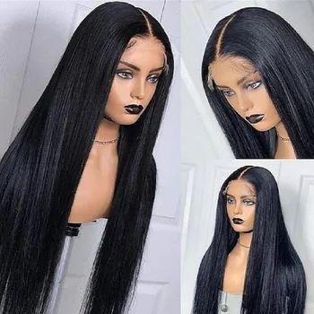 Long Preplucked Black 26Inch 180Density Glueless Straight Lace Front Wig BabyHair Heat Temperature Daily Cosplay