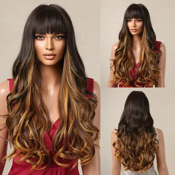 Long Wavy Black Brown Golden Wigs Orange Yellow Cosplay Hair Synthetic Wig for Women with Bangs Daily Natural Heat Resistant