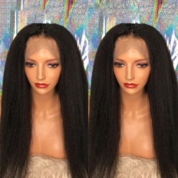 LongNatural Black Deep Yaki Glueless Soft 26inches 200Density Kinky Straight Lace Front Wig For Women Babyhair Preplucked Daily