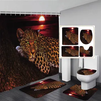 Moon Leopard Cheetah Душ завеси Комплекти декори за баня Завеси за баня Тоалетна Mat Lid Аксесоари за килими Животински печат 4бр