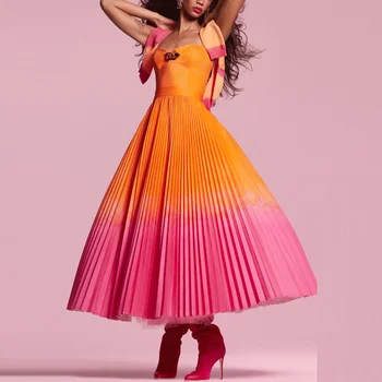 Muloong Orange and Fuchsia Sweetheart Midi Dress Full Pleated Classic Luxury Evening Dress Ankle Length Cocktail PartyDress