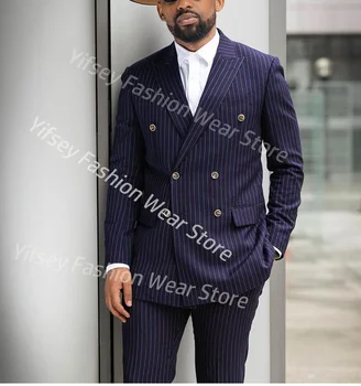 Navy Blue Stripe Double Breasted Man Suit Elegant Set Luxury Clothing Designer Boyfriend Slim Fit Male Blazer Pants For Wedding