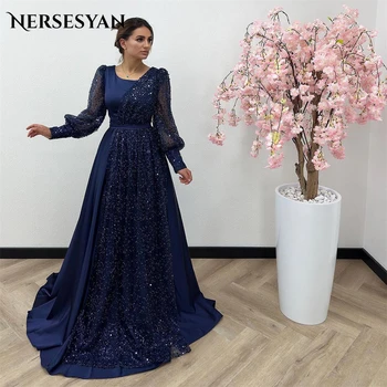Nersesyan Glitter Официални вечерни рокли A-Line квадратна яка пайети фенер ръкави абитуриентски бал рокля искрящи Pagenat парти рокли