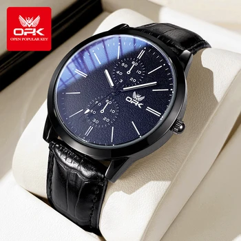 OPK Нов мъжки кварцов часовник Класическа мода Водоустойчива светеща кожена каишка Прост бизнес 40 мм голям циферблат Оригинален мъжки Watc