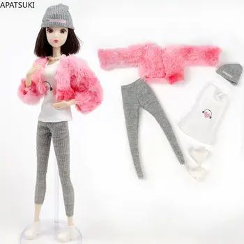 Pink Winter Fashion Doll Clothes Set For Barbie Doll Outfits Fur Coat Vest Purple Pants Hat Shoes 1/6 Dolls Accessories Kids Toy