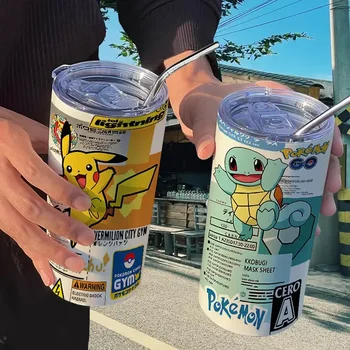 Pokémon Pikachu термос чаша със слама, удобна чаша, чаша за кафе, добре изглеждаща, преносима неръждаема стомана, най-добрият подарък