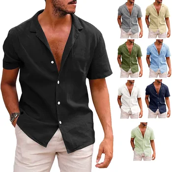 Polo яка плътен цвят къс ръкав бутон мъжки бельо риза мъжко облекло 2023 лято случайни плътен цвят къс ръкав риза