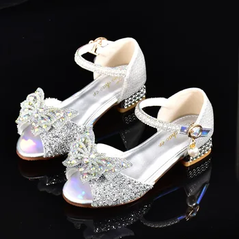 Princess Kids кожени обувки момичета сандали блясък кристал кристал деца висок ток кристал Bowknot студент изпълнение танцови обувки