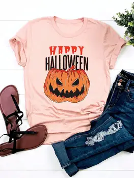 Pumpkin Face Style Tee Top Clothes Halloween Fall Autumn T-shirt Ladies Thanksgiving Basic Women Graphic Print T Shirt Clothing